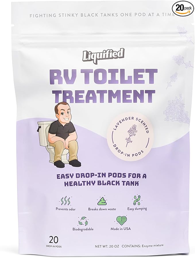 Liquified RV Toilet Treatment Drop-Ins - Prevents Tank Odors - Breaks Down Waste and Tissue - Septic Tank Safe - Matts RV Reviews - Lavender Scent - 20 Treatments (20 1oz pods)