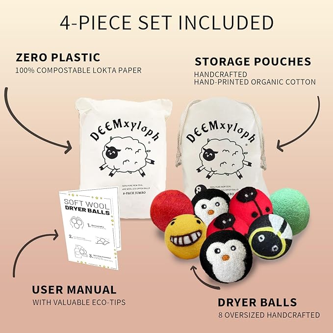 Solid Color Wool Dryer Balls 8-Pack,Hypoallergenic Softener Alternative, Assorted Pure Hues, All-Season Performance Cut Drying Time & Static for Organic Cotton