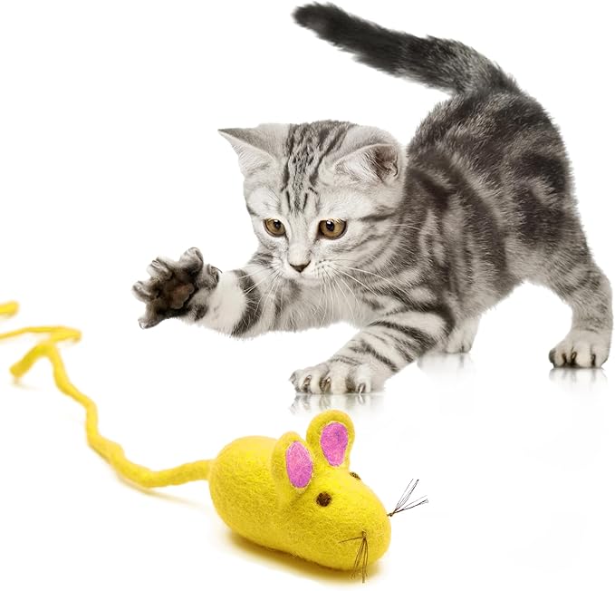 Glaciart One Felt Mouse Cat Toy – Soft Fuzzy Enrichment 100% Natural Wool - Interactive Catnip Play Cat Toy Set - Safe for Pets, Non-AZO Colored Dyes - 100” Long