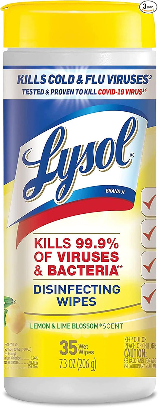 Lysol Disinfectant Wipes, Multi-Surface Antibacterial Cleaning Wipes, for Disinfecting and Cleaning, Lemon and Lime Blossom, 35 Count (Pack of 3)