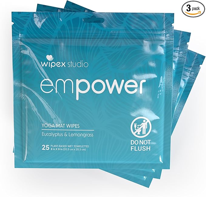 Wipex Studio Empower Yoga Mat Cleaner Wipes 25ct Zip Pack, Ultra Thick and Textured, Lemongrass Eucalyptus Scent, Natural Choice for Yoga, Pilates, or Any Movement Practice (3 Pack)