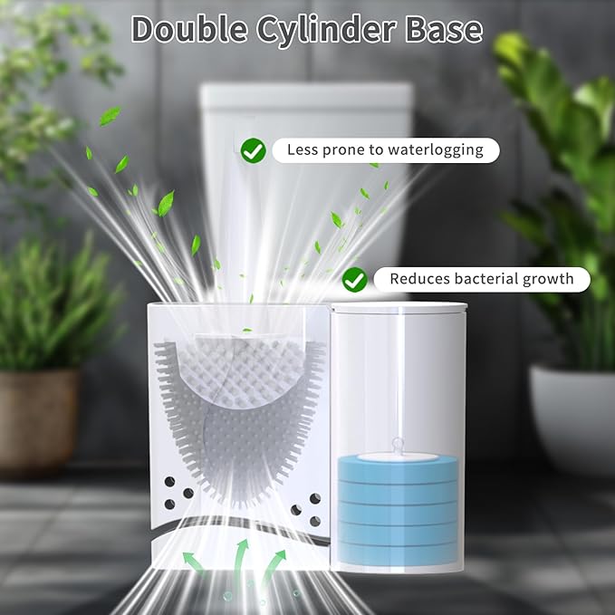 Hillyfe Toilet Brush and Holder Set,Silicone Removable Cleaner Brush,5 PCS Toilet Bowl Cleaner Tablets and Wall-Mount Hook,Ventilation Slots Base for Bathroom Apartment RV Deep Cleaning,White