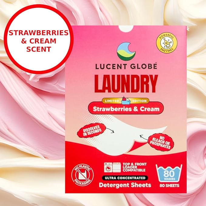 Lucent Globe Laundry Detergent Sheets. Pre-Measured Laundry Sheets. Powerful Stain Removal. Works in All Clothes Washers. (1 Pack - 80 Washes, Strawberries & Cream)