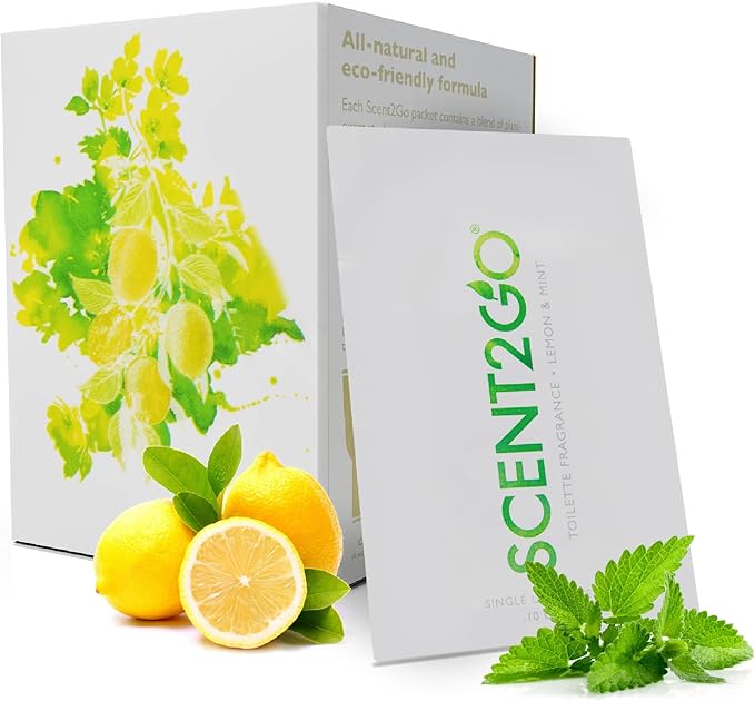 Scent2Go Toilet Fragrance Powder - Discreet Travel Size Packet - Leak Lock Design - Plant Based Formula - Lemon + Mint - 20 Single Use Packets