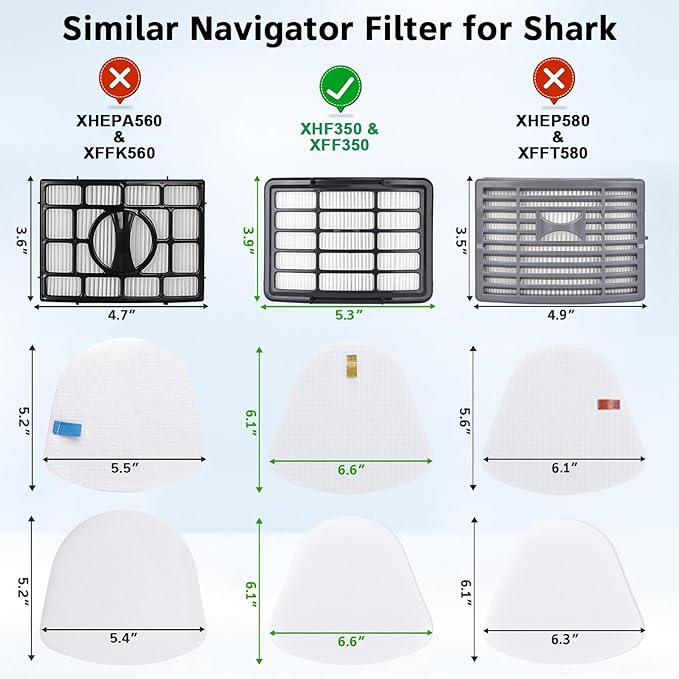 Replacement Filters for Shark Navigator Lift-Away XL CU510, CU512, CU500, CU520 Deluxe NV350, NV351, NV356E, NV360, NV352, NV355, NV358, ZU503AMZ, 4 + 2 Filter, Replace Parts #XHF350 & XFF350