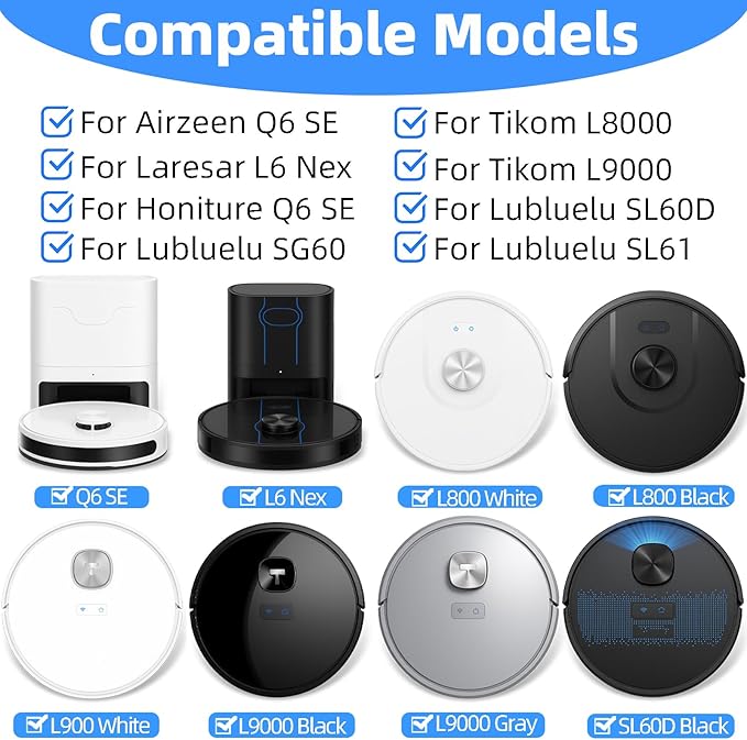 20-Piece L9000 Replacement Parts Compatible with Tikom L9000, L8000, Lubluelu SL60D, Laresar L6 Nex, Honiture Q6 SE Robot Vacuum Accessories, 2 Main Brushes, 6 Side Brushes, 6 HEPA Filters, 6 Mop Pads
