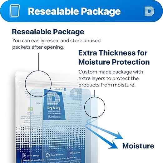 Dry & Dry 1 Gram [100 Packets] Silica Gel Packets Desiccants, Silica Packets - Rechargeable Moisture Absorbers for Food Storage, Electronics, 3D Filament & Safes