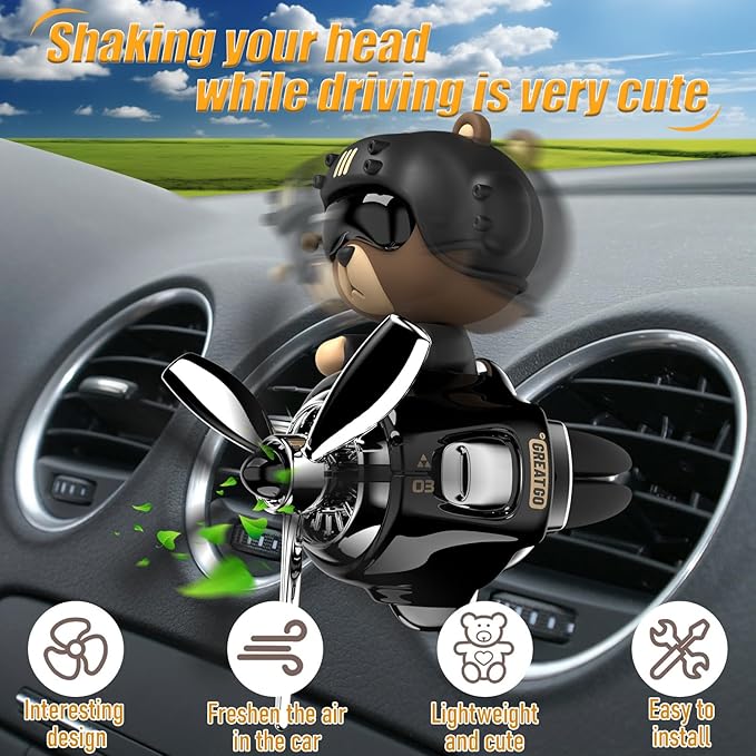 2Pcs Car Air Fresheners, Cute Bear Pilot Automotive Air Outlet Creative Car Perfume Diffuser, Automotive Accessories Air Vent Decoration with 8 Fragrant Tablets (Black 1+Silver 1)