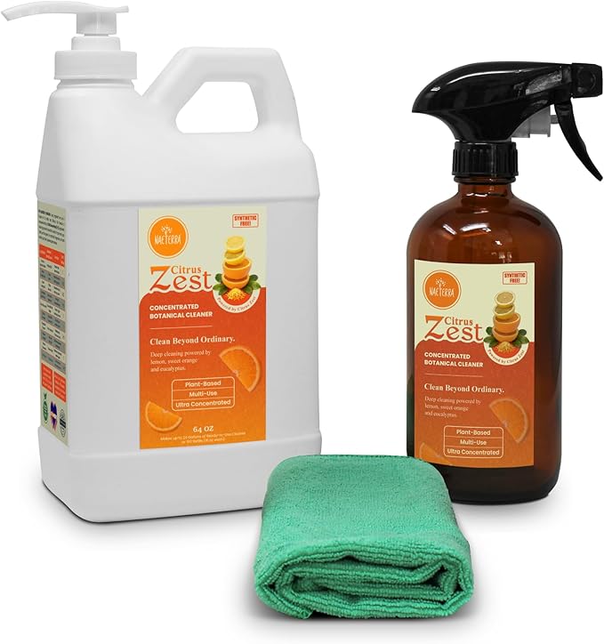 Naeterra Citrus Zest All-Purpose Cleaning Concentrate Kit – 64 oz Jug Makes 24 Gallons | Includes 16 oz Amber Glass Spray Bottle | Energizing Citrus Essential Oils | EWG Green-Rated Ingredients