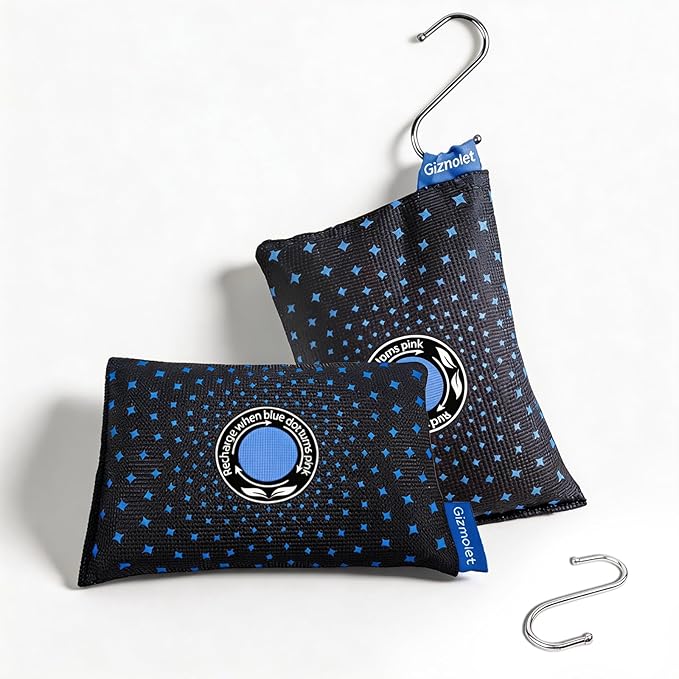 250g (2 Pack) Rechargeable Desiccant Packs for Storage, Color Indicating Moisture Absorbers with “S” Hook Hanging, Silica Gel Packets for Closets, 3D Filament, Gun Safe, Electronic, Toolbox, Safe