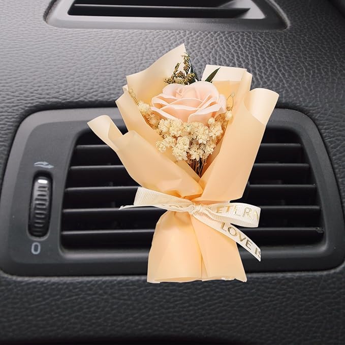 uxcell Beige Small Bouquet Car Air Freshener Vent Clips, Mini Decorative Rose Bouquet with Fragrance Diffuser for Women, Automotive Air Freshener Decoration, Style 4