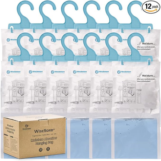 Moisture Absorber Refill Hanging Bags, 12 Pack (200g Each) ??Calcium Chloride Dehumidifier Bags with 6 Reusable Hooks, Closet & Bathroom Dehumidifier Bags