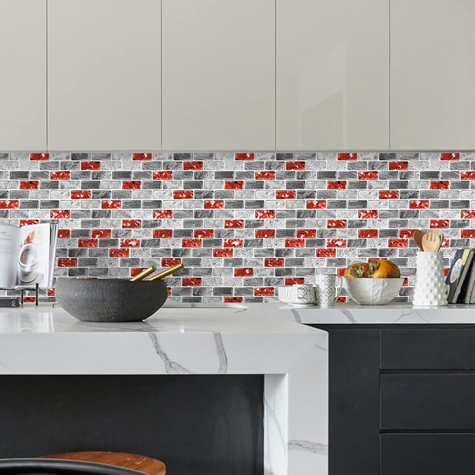 Marble Peel and Stick Backsplash for Kitchen, 10-Sheet Stick on Backsplash for Bathroom, Large Self-Adhesive Kitchen Backsplash, Red Marble Look Decorative Tiles（12"×12"）