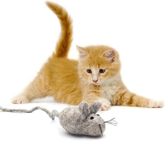 Glaciart One Felt Mouse Cat Toy – Soft Fuzzy Enrichment 100% Natural Wool - Interactive Catnip Play Cat Toy Set - Safe for Pets, Non-AZO Colored Dyes - 100” Long
