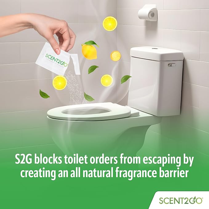 Scent2Go Toilet Fragrance Powder - Slim Travel Size Packet - Leak Lock Design - Plant Based Formula - Lemon + Mint - 40 Single Use Packets