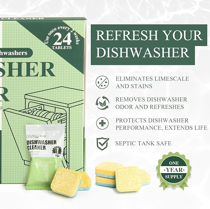 24PCS Dishwasher Cleaner and Deodorizer Tablets with Electric Pepper Grinder, Deep Cleaning Formula Tablets for Removing Limescale, Odor, Smell, Hard Water Residue(Lemon-Scented)