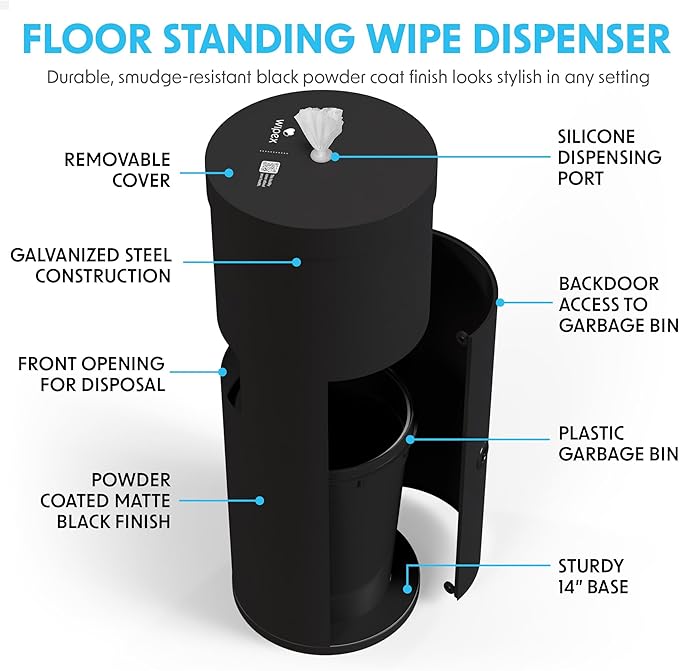 Wipex Gym Wipes Bundle: (1) Premium Black Wipe Dispenser with Trash Bin - Durable Stainless Steel and (1) 800ct Sanitizing Fitness Wipes Refill Roll - Suitable Use for Schools, Gyms, and Public Venues