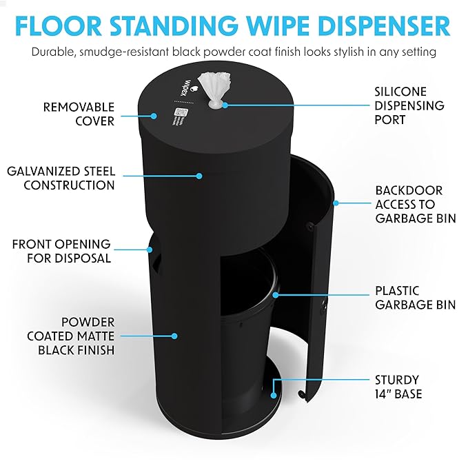 Wipex Wipe Dispenser Refill Bundle - 700 Count Gym Wipes for Equipment, Lemongrass & Eucalyptus Scent with Black Stainless Steel Floor Dispenser & Trashcan, Perfect for Fitness Centers & Facilities