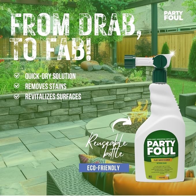 Party Foul Plant-Based Cleaner Spray Refill | Eco-Friendly, Vegan Formula for Tiles, Counters, Granite, Metal, Glass, Wood & More | Natural I For Decks, Patios, BBQ Spills, Outdoor - 1 Gallon