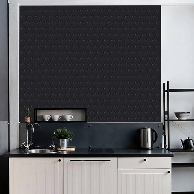 Matte Black Hexagon Peel and Stick Wall Tiles for Kitchen, Large Design 10-Sheet Stick on Backsplash for Bathroom, Kitchen, RV, etc（12''×12''）.