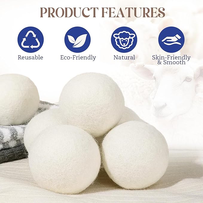 Large Wool Dryer Balls, New Zealand Dryer Balls Laundry Reusable Reduce Static Cling, Dryer Ball to Reduce Wrinkles & Shorten Drying Time, Drying Balls Fabric Softener Ball for Laundry（Pack of 8 XL)