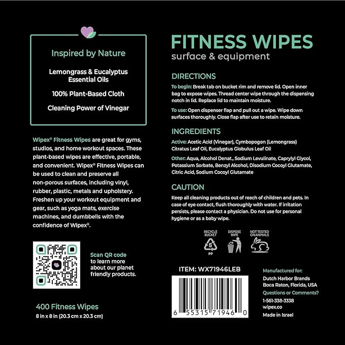 Wipex Gym Equipment Wipes Bundle – EWG Verified - Get 1600 Wipes with (2) Lemongrass & Eucalyptus Buckets & (2) Refill Rolls, Plant-Based Fitness Equipment Cleaner, Clean Surfaces & Gear