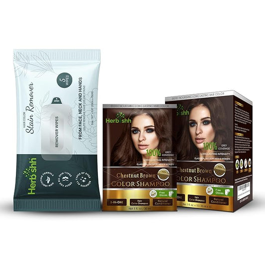 Herbishh Hair Color Shampoo for Gray Hair Chestnut Brown + Hair Color Stain Remover Wipes - Travel Pack With 5 Wipes
