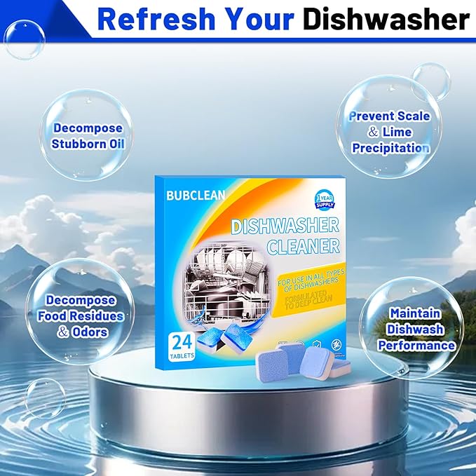 24 Pack BUBCLEAN Dishwasher Cleaner＆Deodorizer Tablets, Deep Cleaning Descaler for Dishwasher, Natural Odor, Limescale, Grease, Calcium ＆ Smell Remover, Septic Safe with Lemon Scent - 12 Month Supply