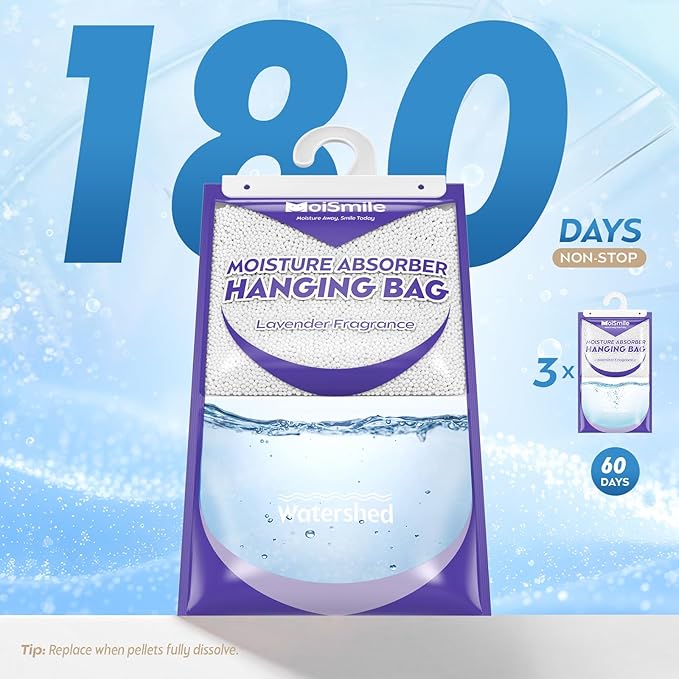 Hanging Moisture Absorbers 3 Pack Net Wt. 17.5oz/Pack, Lavender Fragrance Closet Dehumidifier Bags, Odor Eliminator & Humidity Absorber, Humidity Packs for Bathroom, Bedroom, Basement, Car, RV & Boat