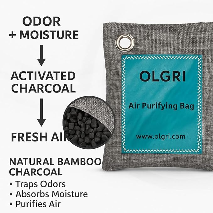 Charcoal Air Purifier Bags by OLGRI – Natural Odor Absorber for Cars, Bathrooms, Closets, Shoes & Pets – 4-Pack Bamboo Deodorizer with Activated Charcoal