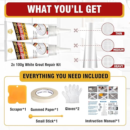 Tile Grout Repair Kit, 2 Pack White Grout Sealer for Shower, Bathroom, Tile, Kitchen, Waterproof Grout Cleaner Restore and Renew Floor, Tile Gaps, Joints, Lines