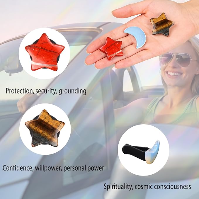 Moon Stars Car Decor,Boho Air Vent Clips,Refillable Car Fresheners,3pcs Natural Crystal Stone Hippie Dashboard Decorations Accessories,Best Wishes for Lover and Friend (Red & Tiger Eye)