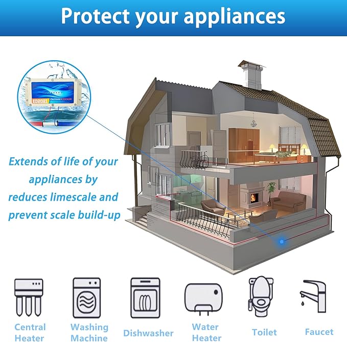 Whole House Electronic Water Descaler, Salt Free Hard Water Conditioner, Reduces Limescale and Rust Buildup, Easy Installation, Chemical Free Solution for Whole House