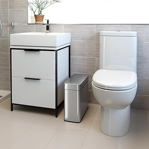 iTouchless 4 Gallon Slim Sensor Garbage Can (Lid Opens Left) with AbsorbX Odor Control, 15 Liter Slim Stainless Steel Automatic Trash Bin, Space-Saving Bin for Bathroom, Kitchen, Office, Hotel