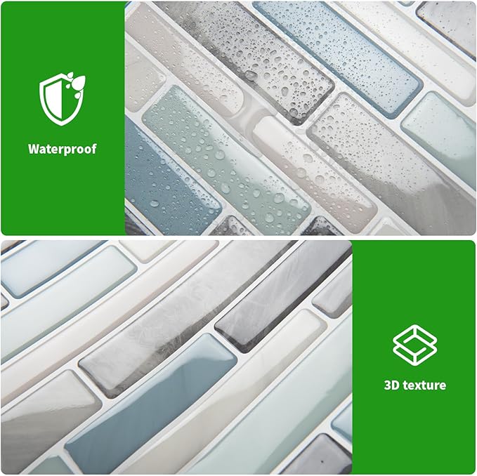 LONGKING Self-Adhesive Kitchen Backsplash, Marble Look Decorative Tiles (10 Tiles)