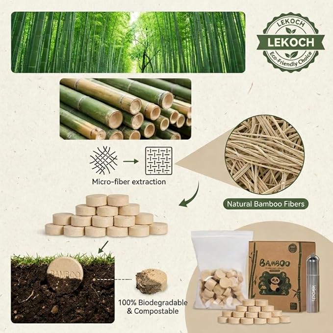 LEKOCH Bamboo Compressed Towel Tablets - Biodegradable & Eco-Friendly, Mini Washcloths with Aluminum Tube for Travel, Camping, Gym | Portable, Moisture-Proof, Crush Resistant - 100/250/500 Pack