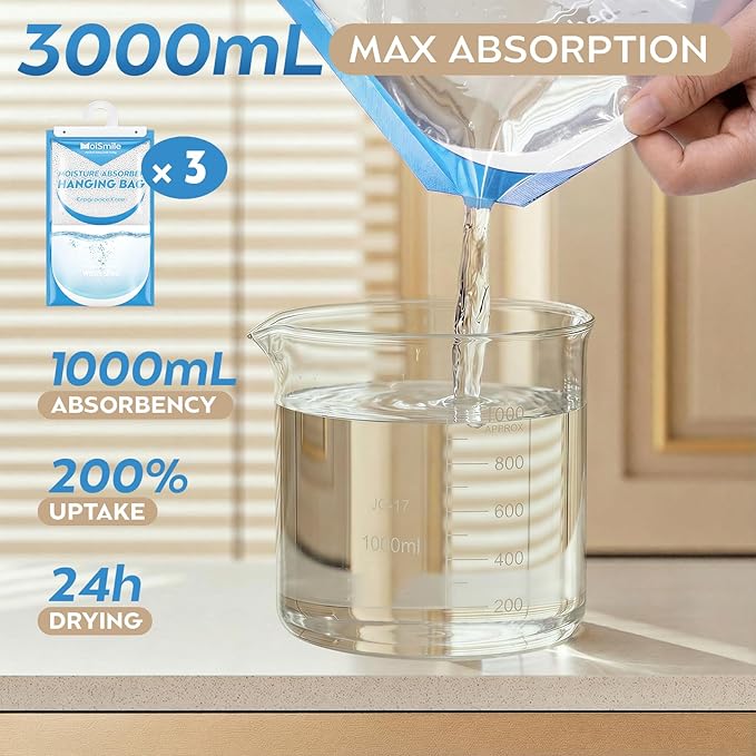 Hanging Moisture Absorbers 3 Pack Net Wt. 17.5oz/Pack, Fragrance Free Closet Dehumidifier Bags, Odor Eliminator & Humidity Absorber, Humidity Packs for Bathroom, Bedroom, Basement, Car, RV & Boat