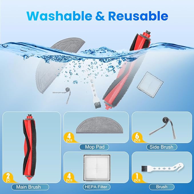 17 Pack Replacement Accessories Kit Compatible with Roborock Q10 S5/Q10 S5+/Q10 X5/Q10 X5+ Robot Vacuum, 2 Main Brush, 6 Side Brush, 4 HEPA Filter, 4 Mop Pads