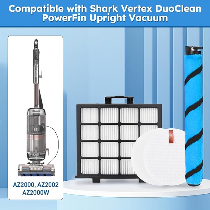 AZ2002 Filter Replacement for Shark Vertex DuoClean PowerFins AZ2000 AZ2002 UV2500 AZ2000W AZ2001AMZ Upright Vacuum, Part #1483FC2000 XHFAZ2000 XFFKAZ2000, 1 Brushroll, 2 + 6 Filters