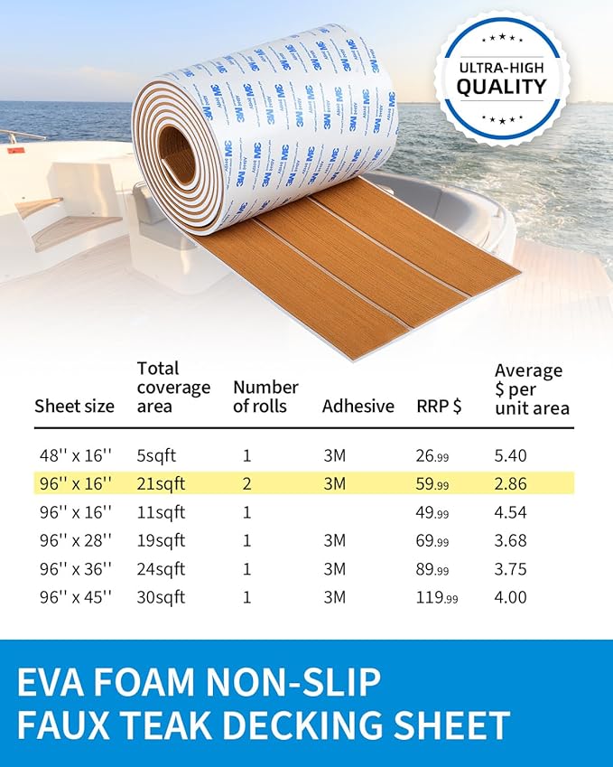 OCEANBROAD EVA Foam Boat Flooring with 3M Adhesive Backing Marine Self-Adhesive Decking 96''x45.6''/36''/28.8''/16.8'', 48''x16.8'' Faux Teak Sheet for Jon Boats Swim Platform Helm Pad RV Floor