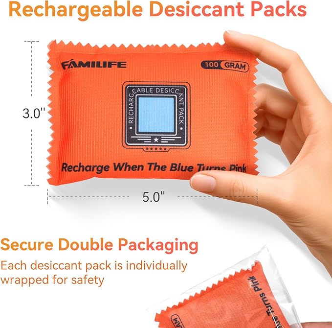 FAMILIFE 100g Rechargeable Desiccant Packs for Storage, Reusable Dehumidifier Bags Color Indicating Silica Gel Packets Portable Moisture Absorbers for Storage Bins, Car, Closet, Gun Safe, Electronics