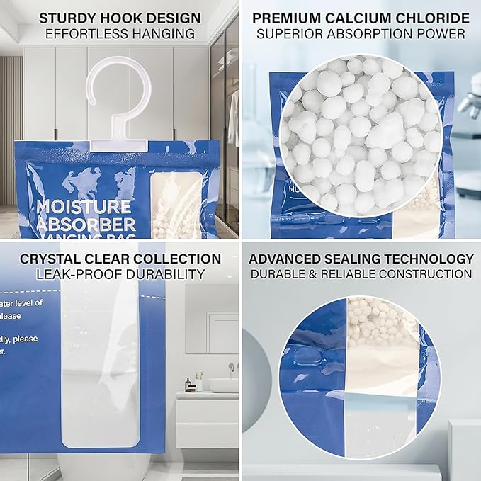 Dehumidifier Bags Hanging Moisture Absorbers - 4 Packs Dehumidifiers for Home Closet Bathroom Basement, Hanging Bag Desiccant Packs for Bedroom RV Camper, Odor Absorber Household Essentials
