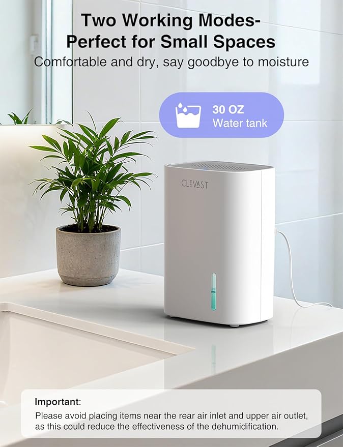CLEVAST Small Dehumidifier for Home, 30oz Mini Quiet Dehumidifier for Bathroom Bedroom, Portable Compact Air Dehumidifier for Closet, RV, Camper