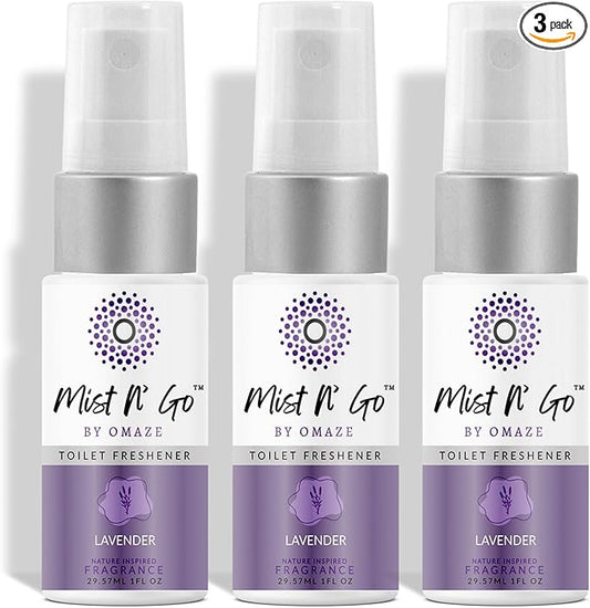 Mist N??Go by Omaze Travel Bathroom Spray for Toilet Spray Odor Eliminator - Travel Toilet Spray for Bathroom Air Freshener Spray for Bathroom Deodorizer - Lavender Travel Size (1oz x3)