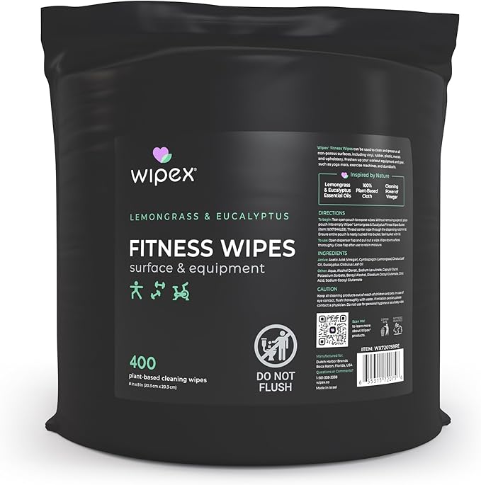 Wipex Gym Equipment Wipes Bundle – EWG Verified - Get 1600 Wipes with (2) Lemongrass & Eucalyptus Buckets & (2) Refill Rolls, Plant-Based Fitness Equipment Cleaner, Clean Surfaces & Gear