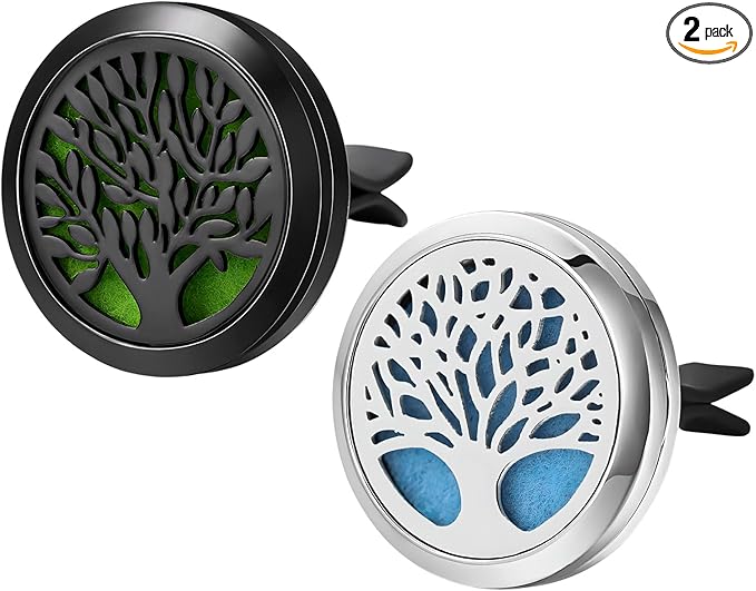 2PCS 30mm Car Diffuser Vent Clips, Tree of Life Aromatherapy Essential Oil Diffuser Locket with 12 Felt Pads, Stainless Steel Car Diffuser Locket Air Freshener (Style 2)