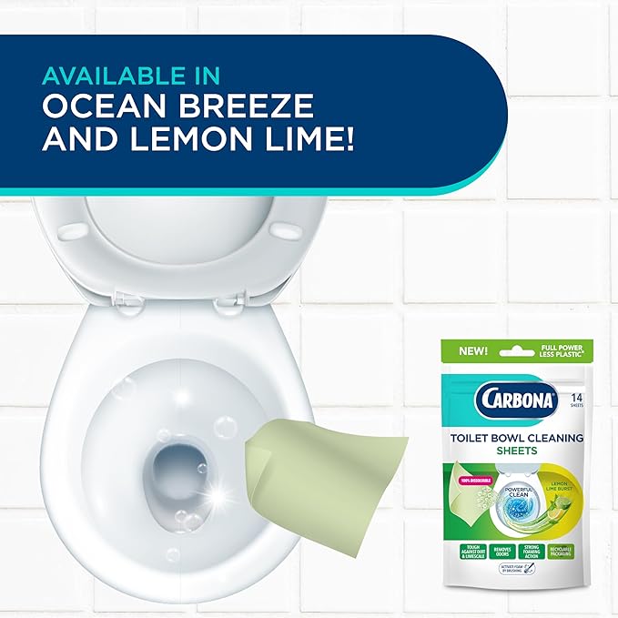 Carbona Toilet Bowl Sheets | Lemon Lime Scent | Powerful Toilet Bowl Cleaner | 14 Sheets | Less Plastic Waste
