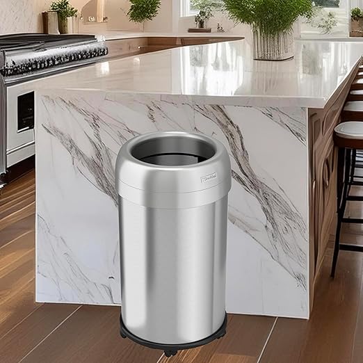 iTouchless 13 Gallon Open Top Kitchen Trash Can Recycling Bin with Wheels and Double Odor Filters, Round Commercial Stainless Steel 50 Liter Trashcan for Home Office Work Bedroom Livingroom Garage