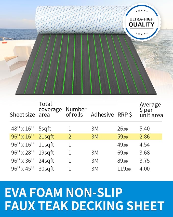 OCEANBROAD EVA Foam Boat Flooring with 3M Adhesive Backing Marine Self-Adhesive Decking 96''x45.6''/36''/28.8''/16.8'', 48''x16.8'' Faux Teak Sheet for Jon Boats Swim Platform Helm Pad RV Floor