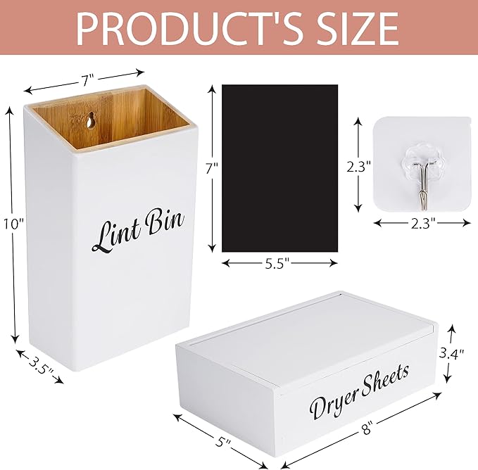 FJO Magnetic Lint Bin for Laundry Room - Bamboo Magnetic Lint Bin with Lid, Wall Mounted Dryer Sheet Holder Laundry Pods Dispenser Set,Farmhouse Magnet Trash Can Decor, Lint Box for Laundry Room